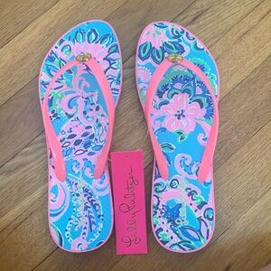 Lilly Pulitzer 9 10 Sandals Flip Flops Blue Horizon Jungle Sunrise Shoe
